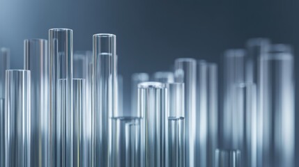 A collection of transparent glass tubes arranged in a grid-like pattern, with a metallic sheen and a gradient of colors from dark to light blue.