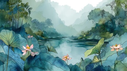 A serene, misty river landscape with lush greenery, floating lotus flowers, and a tranquil atmosphere, with a hint of a mountain range in the background.