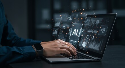 Artificial Intelligence development on laptop with data analysis and charts