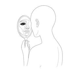 Vector art of a person looking into a hand mirror, the reflection shows a distorted face with one eye visible, symbolizing selfperception and identity issues