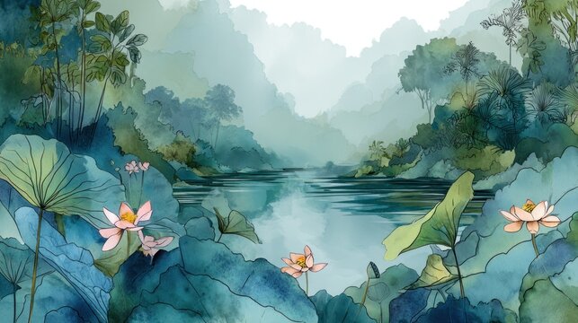 A serene, misty river landscape with lush greenery, floating lotus flowers, and a tranquil atmosphere, with a hint of a mountain range in the background. - Powered by Adobe