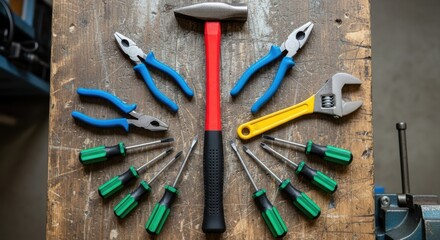 Overhead shot of various hand tools arranged on a wooden surface, including screwdrivers, pliers, a hammer, and an adjustable wrench, creating a workshop scene