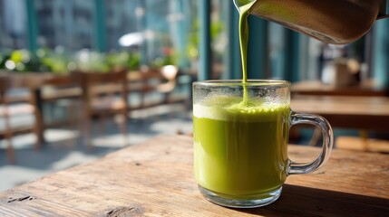 A clear glass mug filled with green matcha tea, sitting on a wooden table in a cafe setting.