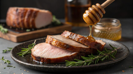 Honey glazed ham thanksgiving gathering holiday roast pork with rosemary and honey drizzle creating warm festive mood