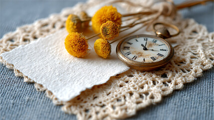 A vintage blank greeting card with intricate lace and faded textures beside a pocket watch and dried flowers, with copy space for text