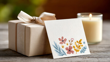 A charming floral blank greeting card placed beside a wrapped gift with satin ribbon and a softly glowing scented candle, with copy space for text