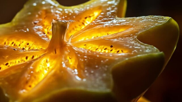 Starfruit cross section macro view of yellow fruit with glowing interior