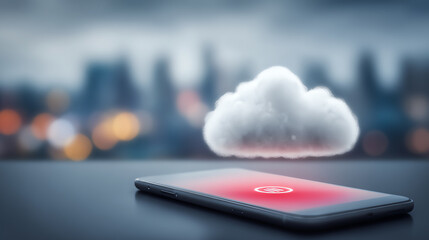 A smartphone displaying a cloud upload symbol, representing modern technology and digital storage in a city backdrop.