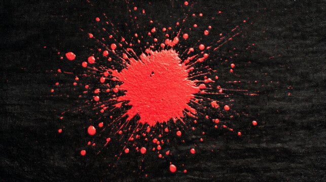 A red and orange splatter on a black background, with a red circle in the center and splatters around it.