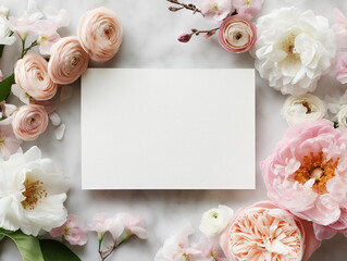 Elegant Floral Invitation Card with Peony and Ranunculus Flowers on Marble Background