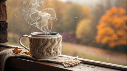 Cozy warm cup holder interior mood knit mug on rainy autumn windowsill with steam and soft light creating comforting atmosphere