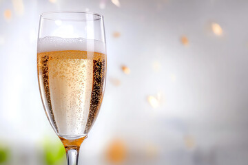 A sparkling glass of champagne ready for celebration, with bubbles rising and background lights creating a festive atmosphere.