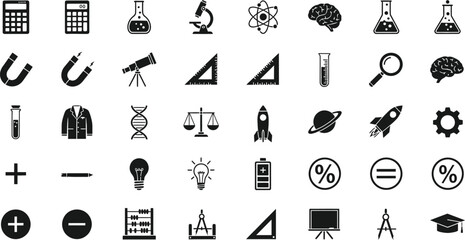 Collection of science and education icons including math tools and laboratory equipment isolated on transparent background