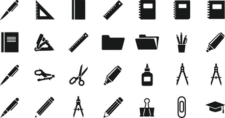 Collection of various stationery and school supplies icons in silhouette isolated on transparent background © Pixel Zone
