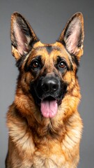 Portrait of a German Shepherd dog, with alert expression, looking at the camera, set against gray backdrop