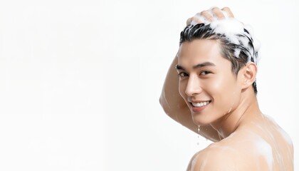 シャンプーで髪を洗う笑顔の男性