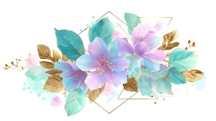 Fototapeta premium A vibrant floral arrangement with turquoise and purple flowers, surrounded by green leaves and golden geometric shapes, set against a white background with a subtle gold frame.