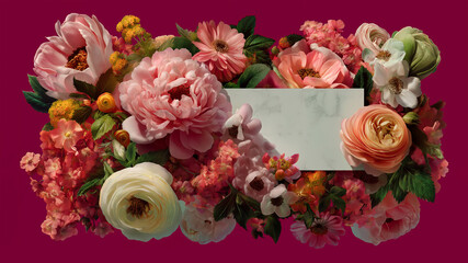 Luxury Floral Frame with Pink Peonies and Ranunculus on Burgundy Background