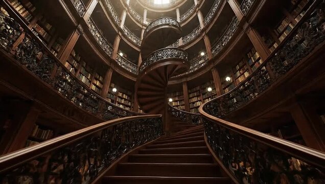 Magnificent Library Interior with Spiral Staircase and Bookshelves.