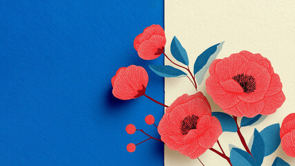 Modern Red Poppy Flowers on Blue and Cream Background — Minimal Floral Illustration