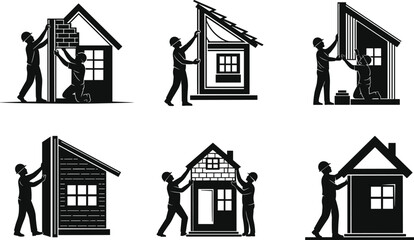 Set of six house construction illustrations showing workers installing bricks, siding, panels, and finishing tasks in residential building