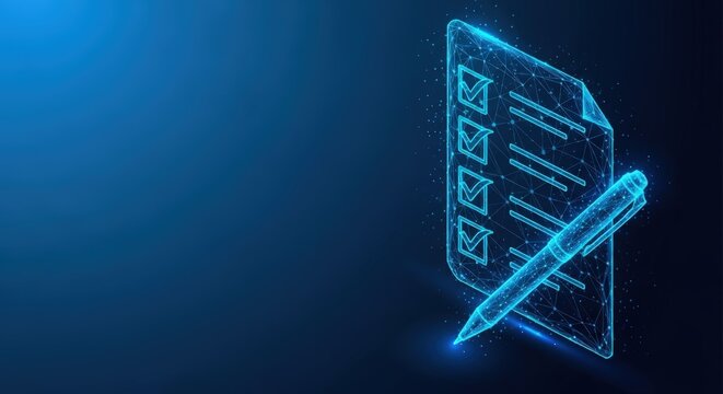 A glowing blue digital checklist being completed with a stylus