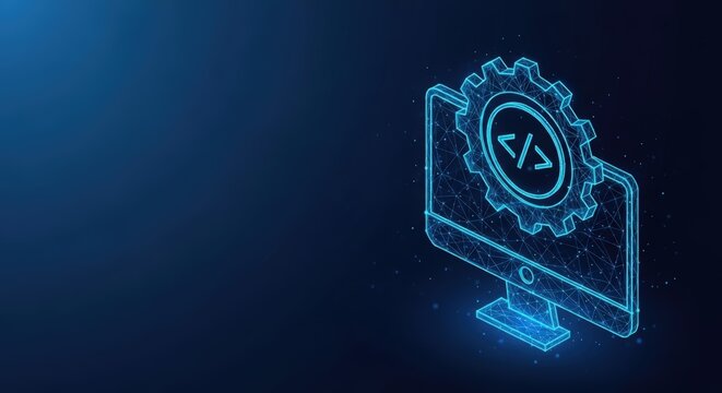 A glowing blue icon of software development on a computer screen