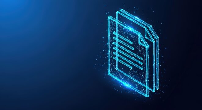 A glowing blue wireframe of a digital document icon