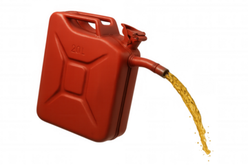 Red jerry can pouring liquid fuel, gas flowing from portable metal canister, transparent background