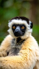 Obraz premium Portrait of a lemur with expressive amber eyes, against a blurry natural background
