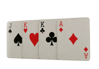 Playing cards showing a jack, two kings, and an ace isolated on transparent background