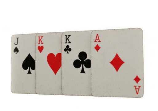 Playing cards showing a jack, two kings, and an ace isolated on transparent background