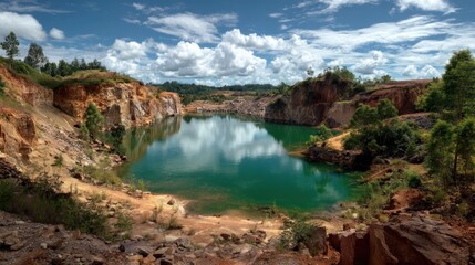 A serene, natural lake nestled in a rocky, mountainous landscape with a vibrant turquoise water color, surrounded by lush greenery and a clear blue sky with scattered clouds.