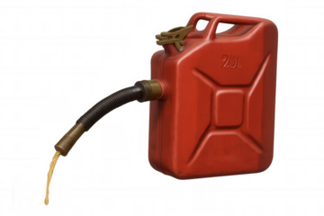 Red jerrycan pouring gasoline, fuel canister dispensing petrol, emergency gas reserve with transparent background