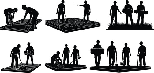 Silhouettes of construction workers performing various tasks on site, teamwork and tools in black vector illustration on white background