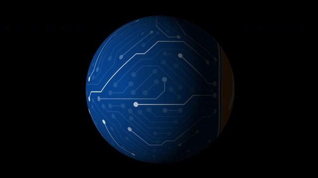 Sphere with blue surface and circuit patterns rotates to reveal a logo