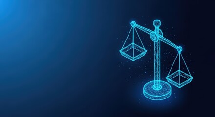 Glowing blue digital wireframe of the Scales of Justice