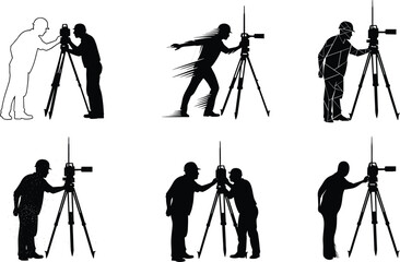 Silhouettes of land surveyors using tripod-mounted instruments in various poses representing geodetic work, mapping, and construction surveying