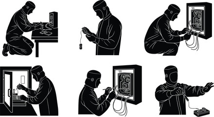 Silhouette technician working, electronic repair scenes, computer hardware maintenance, soldering tools, cabinet wiring, black vector illustrations, system installation process