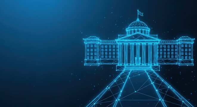 Glowing blue digital wireframe of a government capitol building