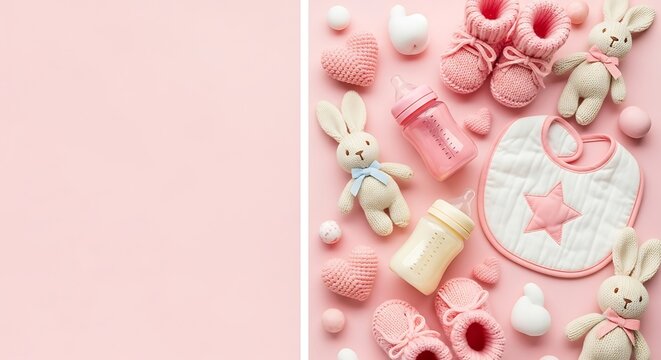 A charming flat lay arrangement fills the right side of the frame with adorable baby girl essentials, while the left side is left as open negative space in soft pastel pink, perfect for text or design