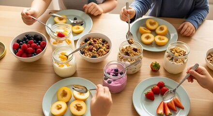Several jars of fruit yogurt are placed on a light wooden breakfast table along with bowls of granola, plates of fresh berries, and half-sliced fruits. family breakfast