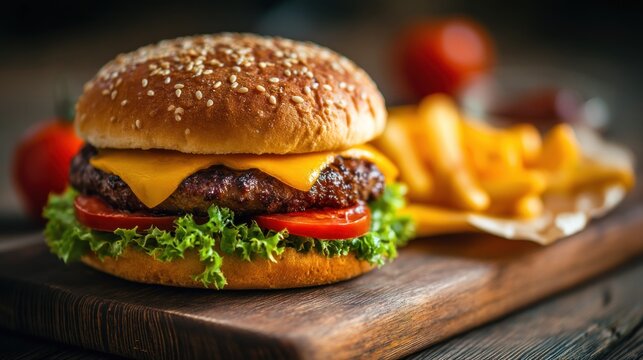 A delicious cheeseburger with a sesame seed bun, lettuce, tomato, and a side of french fries on a wooden cutting board with a dark wooden background.