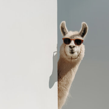 Llama with sunglasses peeking out of a white wall, a humorous animal concept, minimalist stock photo.

