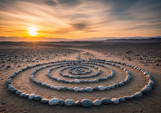 Spiral rock labyrinth in desert landscape at sunset