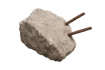 Concrete chunk with rusty rebar, construction debris, demolition material on transparent background, building ruin element