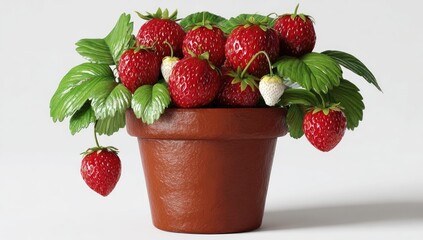 Strawberry pot brimming w/leaves, berries, isolated