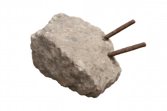 Concrete chunk with rusty rebar, construction debris, demolition material on transparent background, building ruin element
