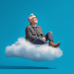 Photorealistic portrait of an elderly man sitting on a cloud, against an isolated blue background, with a happy expression and warm colors. full-body shot, in the style of advertising photography.

