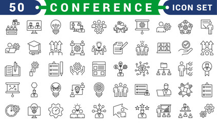Conference vector icon set collection with business meeting, seminar, discussion, speaker, presentation and professional event